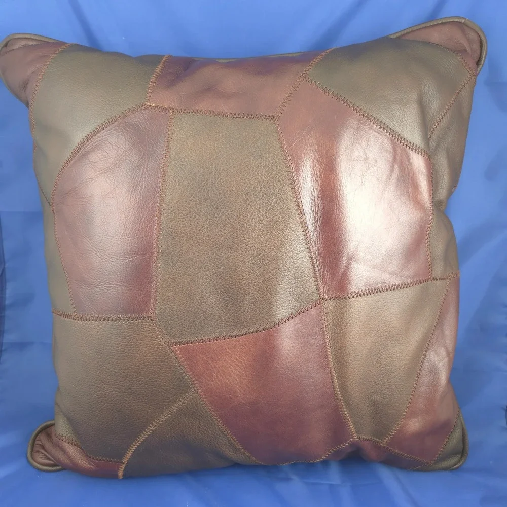 Vintage 1970s Patchwork Leather Throw Pillow 17x17 Brown‎